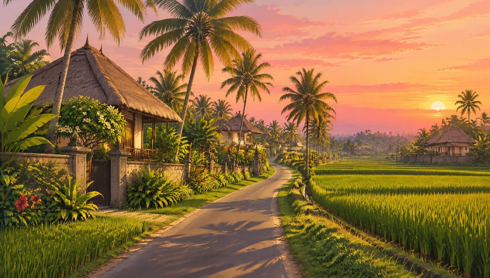 Illustrated landscape representing umalas, Bali, Indonesia