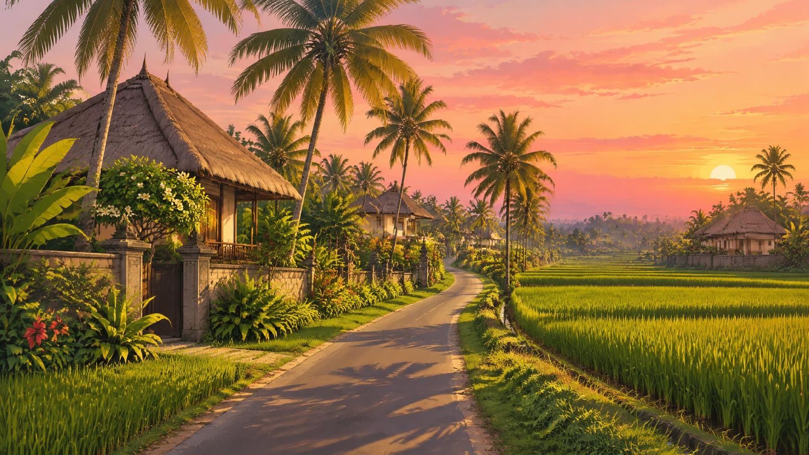 Illustrated landscape representing umalas, Bali, Indonesia