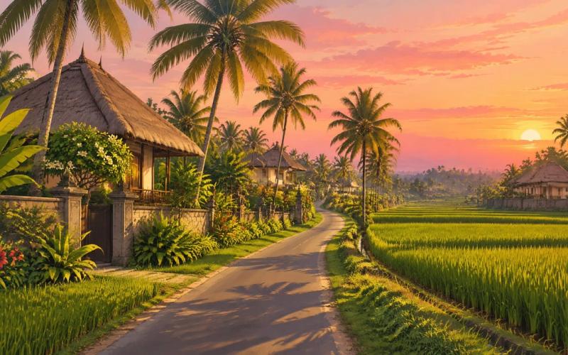 Illustrated landscape representing umalas, Bali, Indonesia