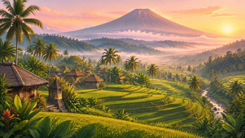 Illustrated landscape representing sidemen, Bali, Indonesia