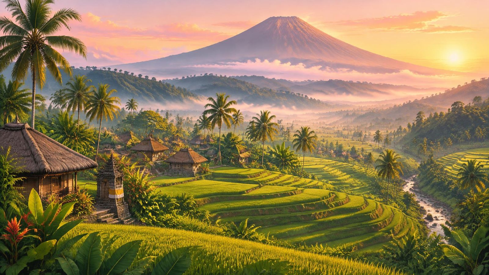 Illustrated landscape representing sidemen, Bali, Indonesia