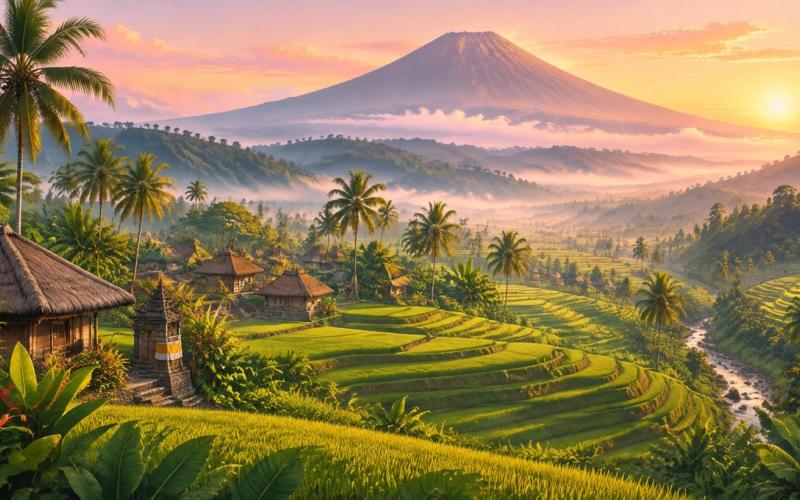 Illustrated landscape representing sidemen, Bali, Indonesia