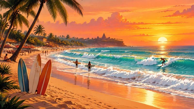 Illustrated landscape representing kuta, Bali, Indonesia