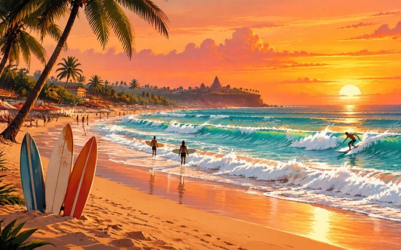 Illustrated landscape representing kuta, Bali, Indonesia