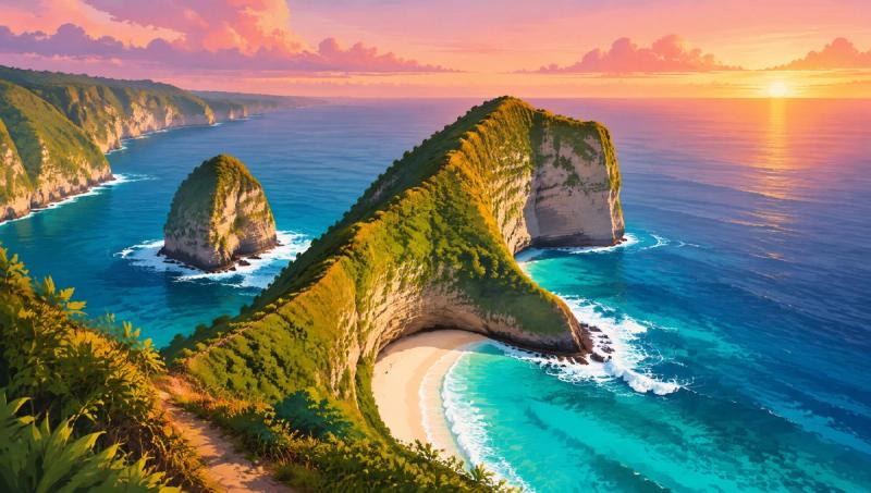 Illustrated landscape representing nusa penida, Bali, Indonesia