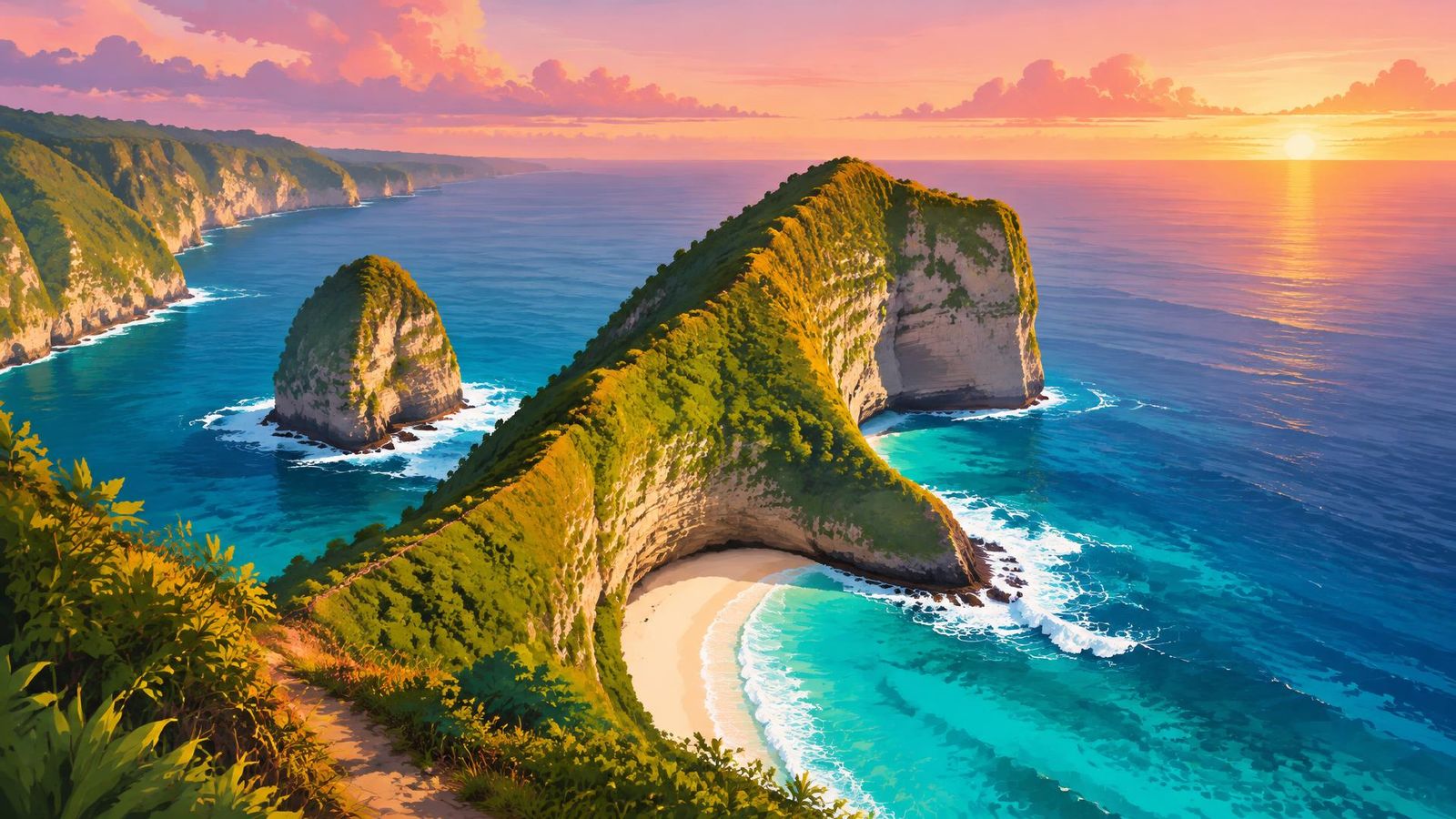 Illustrated landscape representing nusa penida, Bali, Indonesia