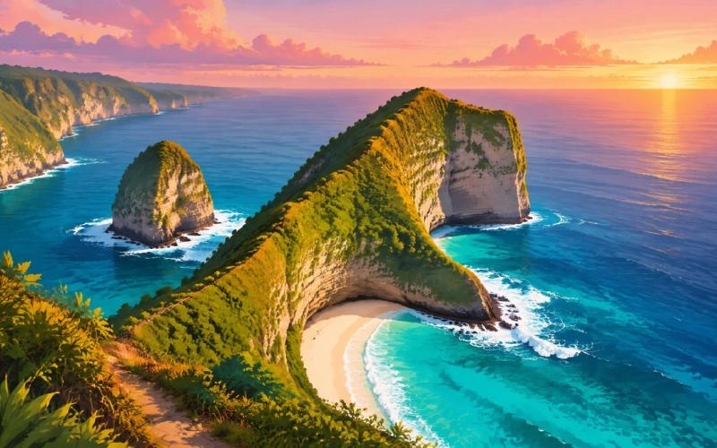 Illustrated landscape representing nusa penida, Bali, Indonesia