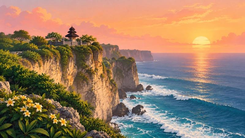 Illustrated landscape representing uluwatu, Bali, Indonesia