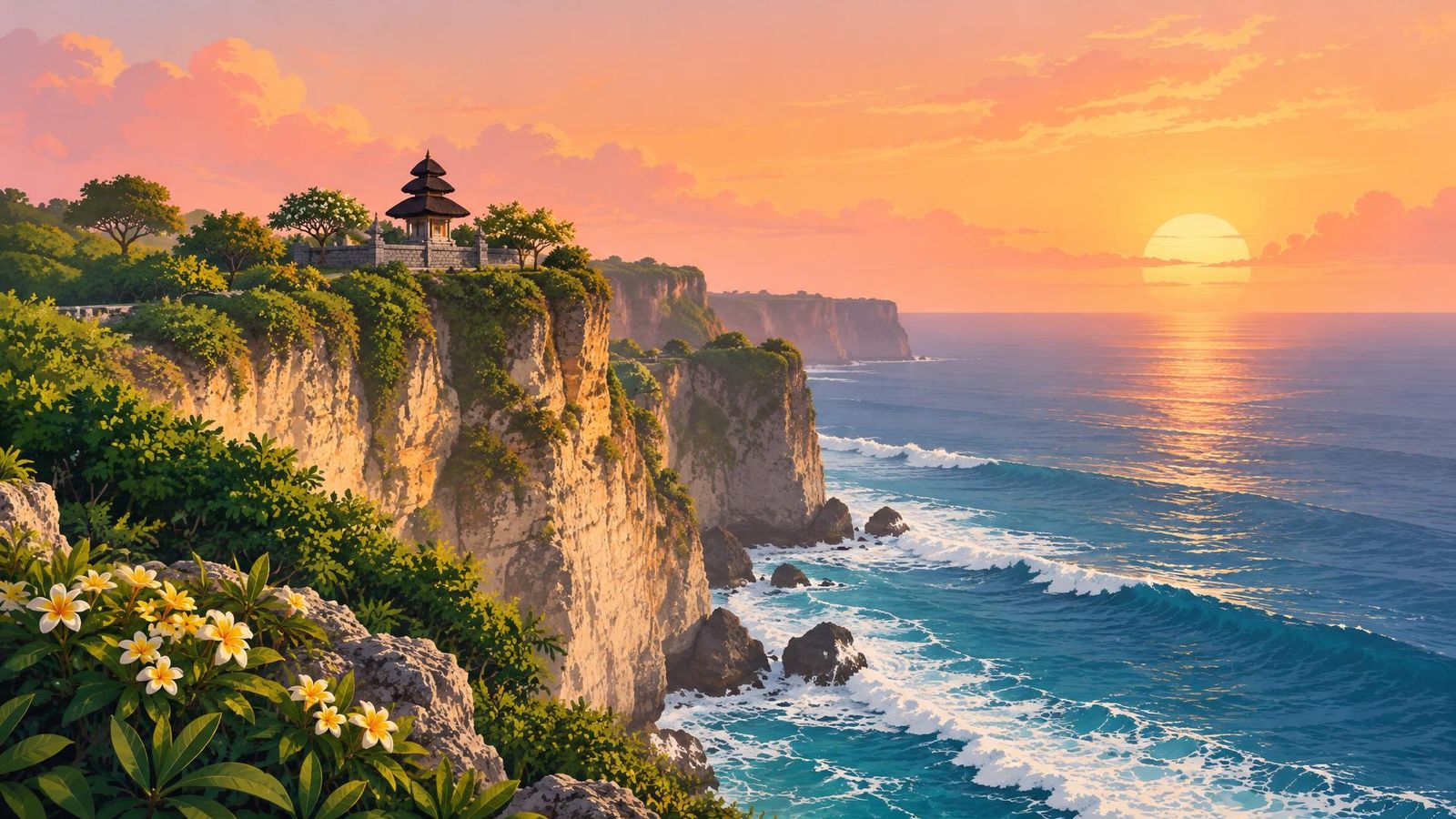 Illustrated landscape representing uluwatu, Bali, Indonesia