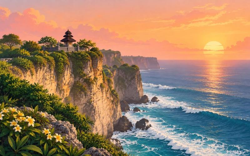 Illustrated landscape representing uluwatu, Bali, Indonesia