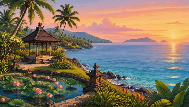 Illustrated landscape representing candidasa, Bali, Indonesia