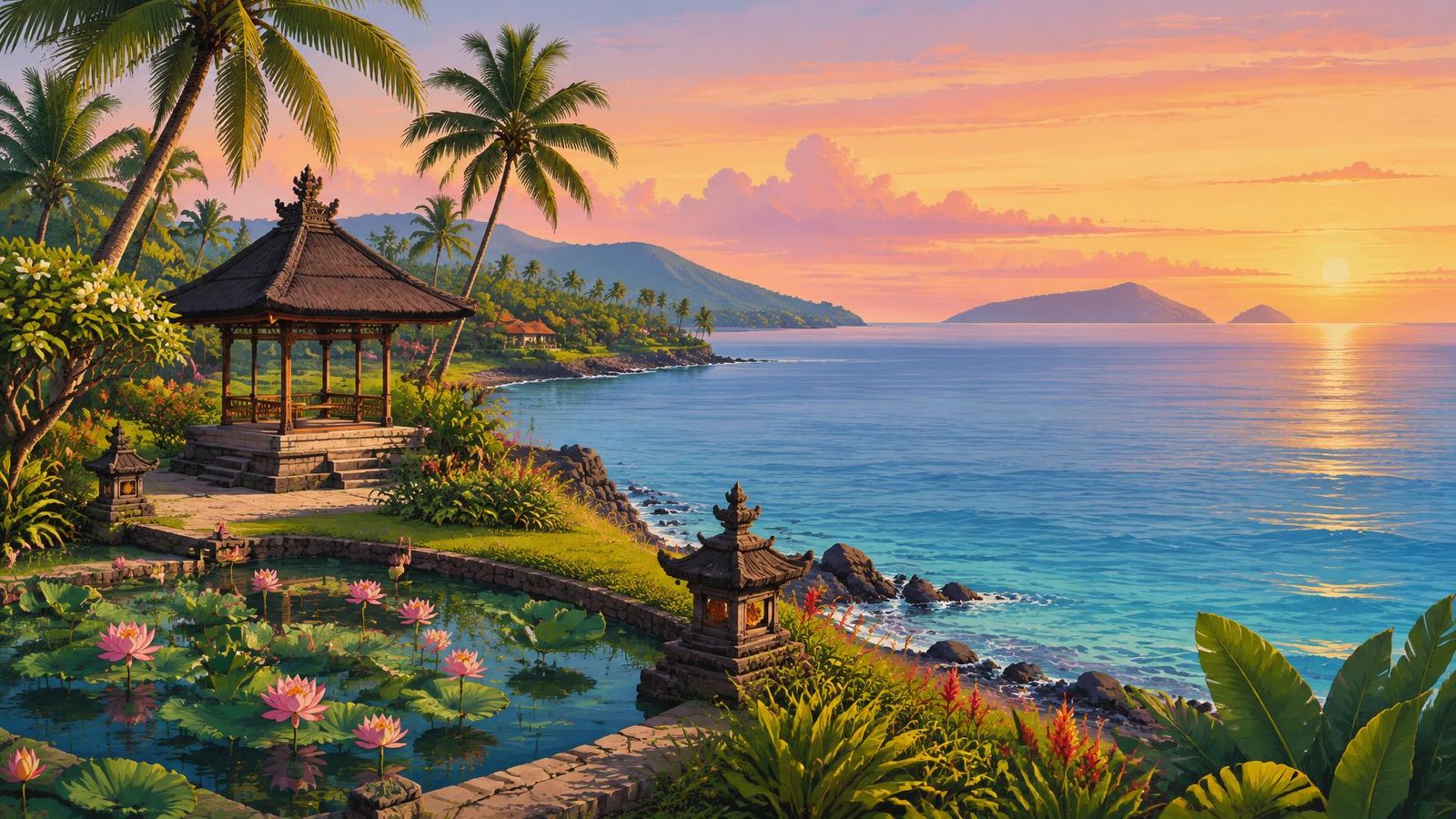 Illustrated landscape representing candidasa, Bali, Indonesia