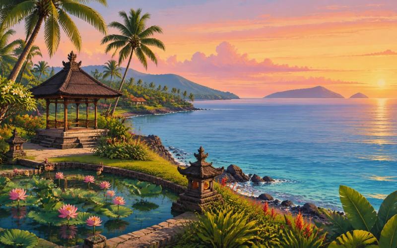 Illustrated landscape representing candidasa, Bali, Indonesia