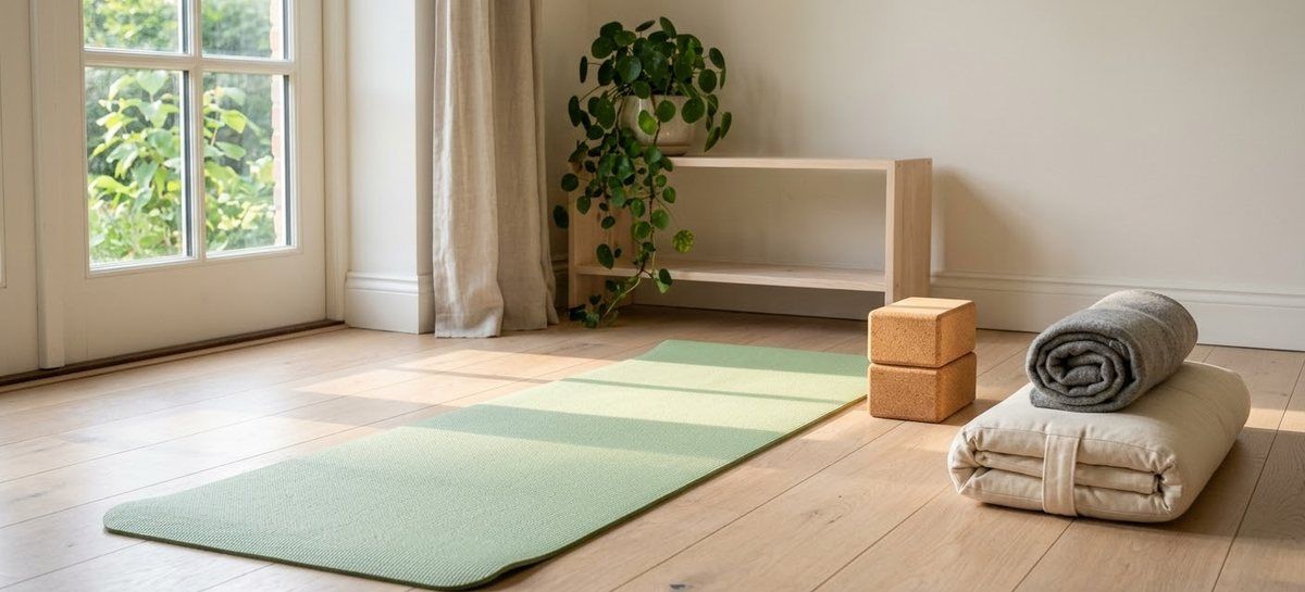 A yoga mat unrolled beside a window, with cork blocks, a bolster and a rolled blanket