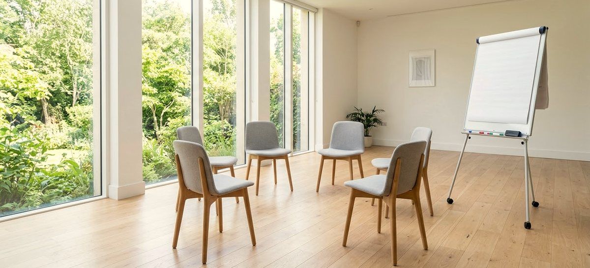 A bright room with chairs arranged in a circle and a blank flip chart to one side