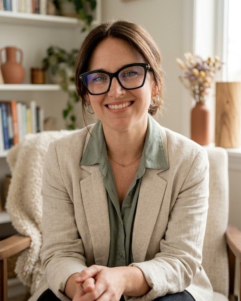 Kelsey Wiemer, CBT psychotherapist, seated and smiling in the consulting room