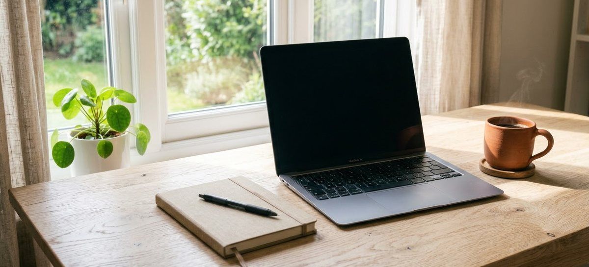 A laptop, a closed notebook and a pen on a wooden desk beside a window