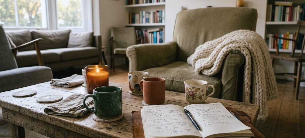 A low table with several mismatched mugs, a candle and an open notebook, in a room with armchairs and bookshelves