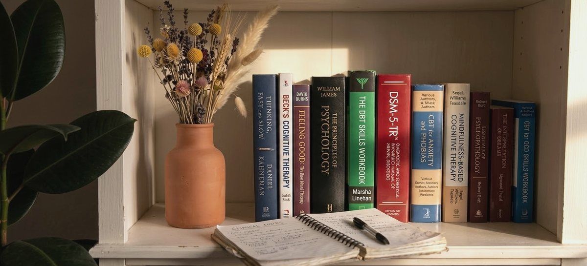 A shelf of books behind a closed notebook and dried flowers in a terracotta vase