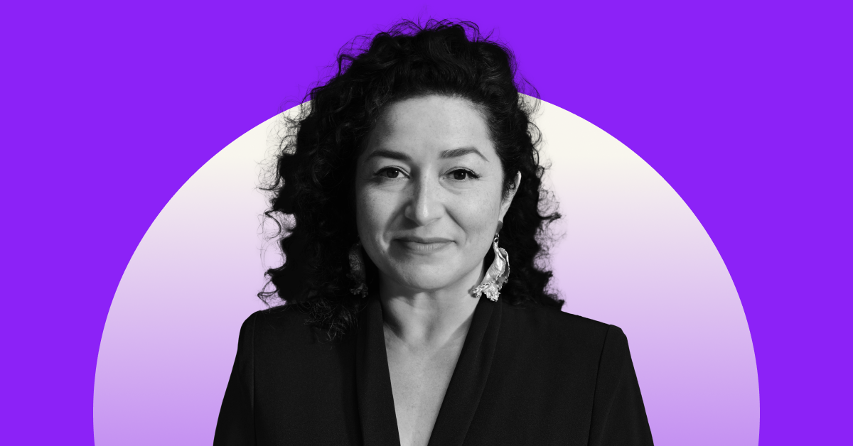 Headshot of Sofia Hernandez on a purple background. 