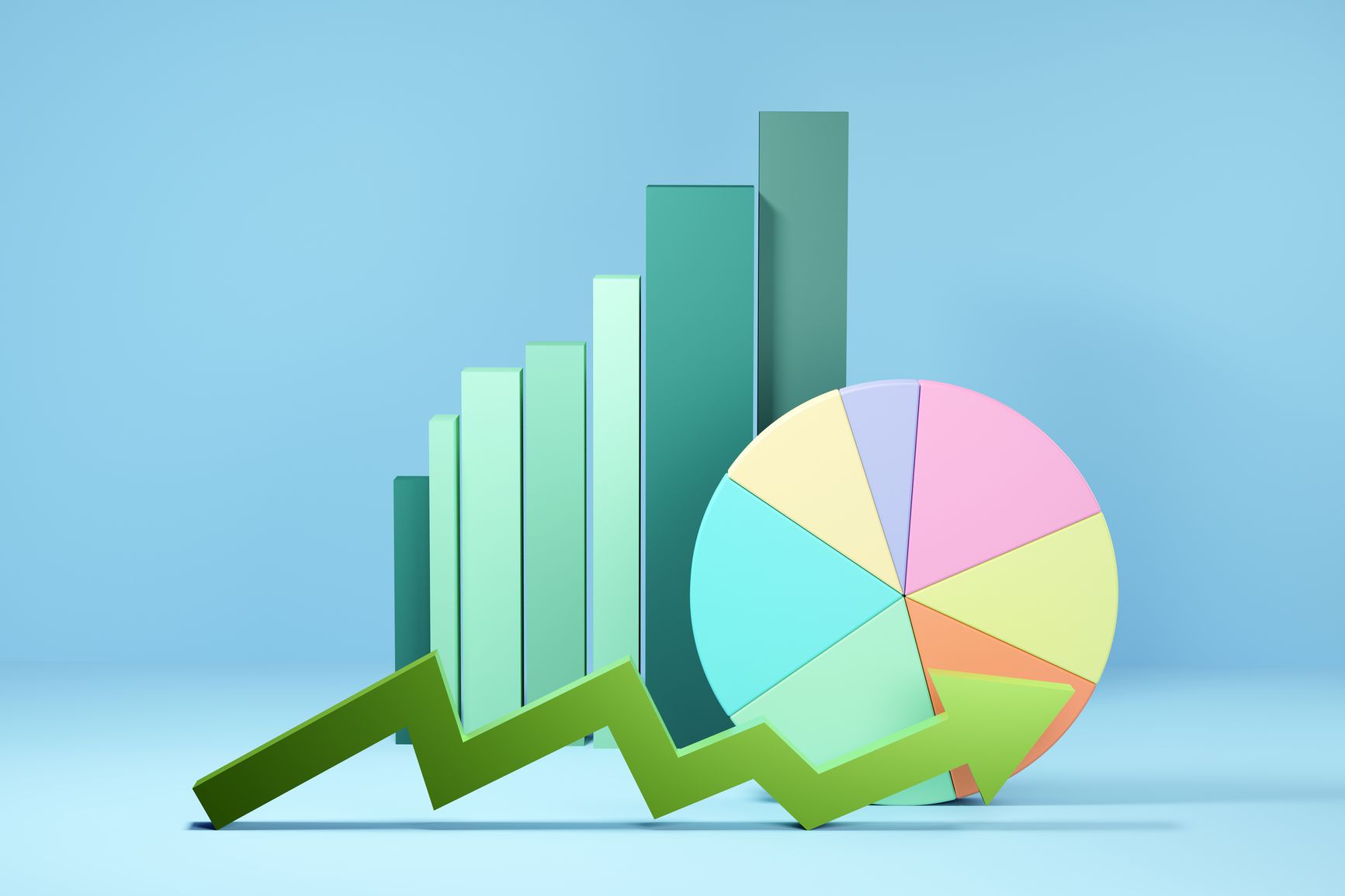 Financial performance graph and charts on a blue background. 