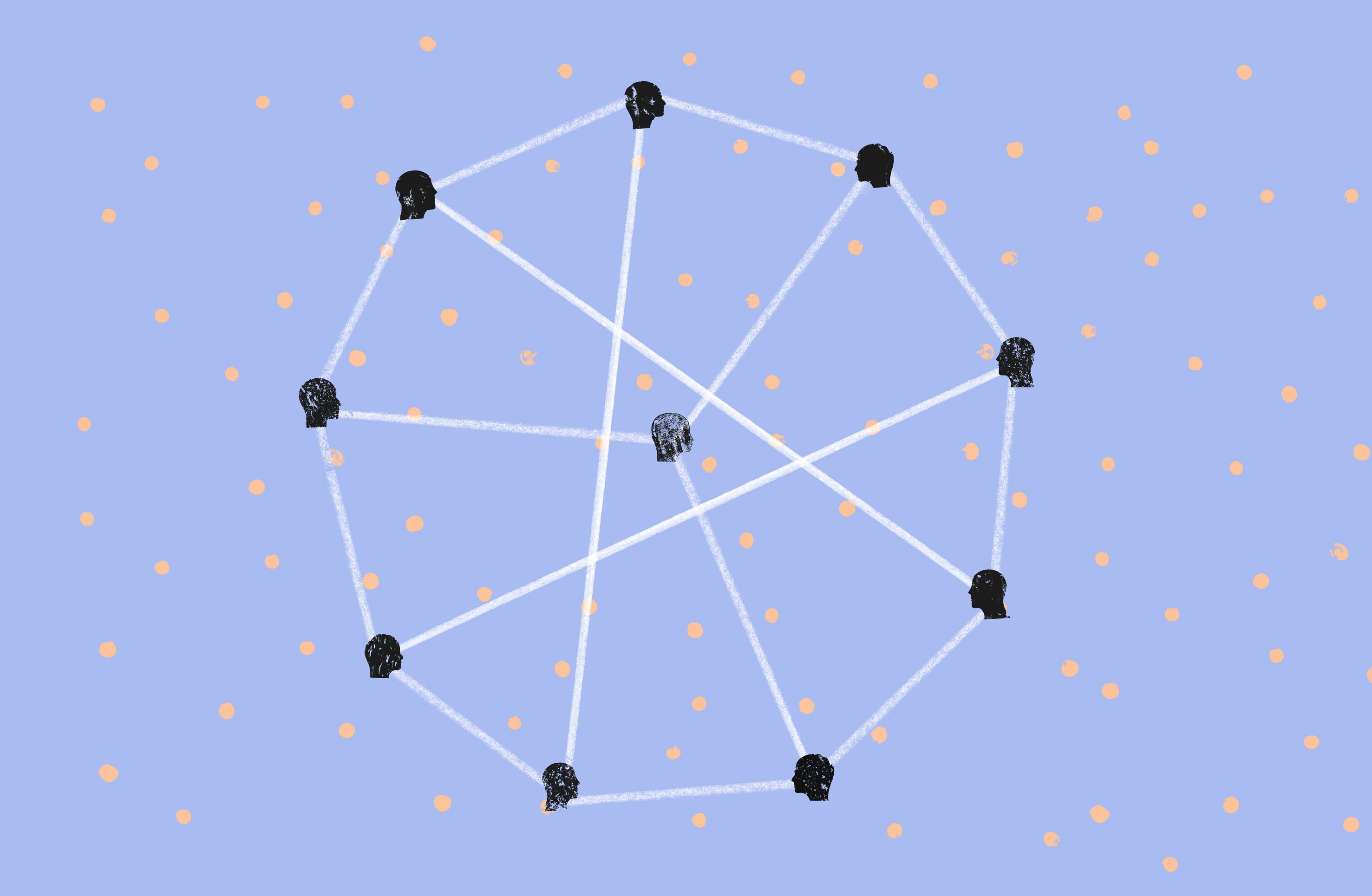 Illustration of heads connected in web representing trust