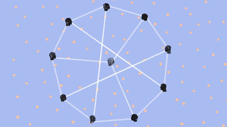 Illustration of heads connected in web representing trust