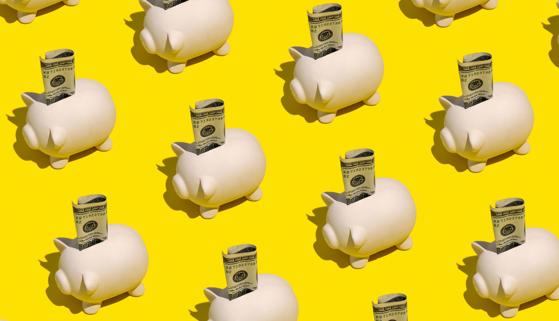 A collage of piggy banks with money sticking out of them on a yellow background. 