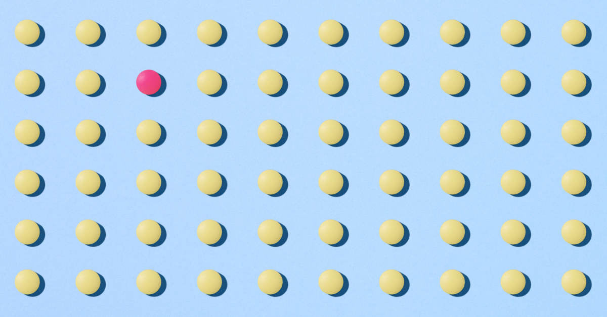 A collage of yellow dots and one pink dot on a sky blue background. 