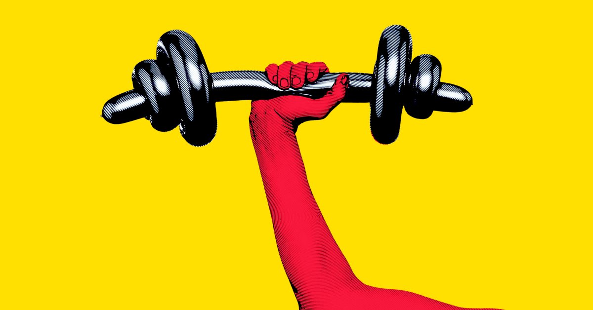 A red hand holding up a gray balloon dumbbell on a yellow background. 