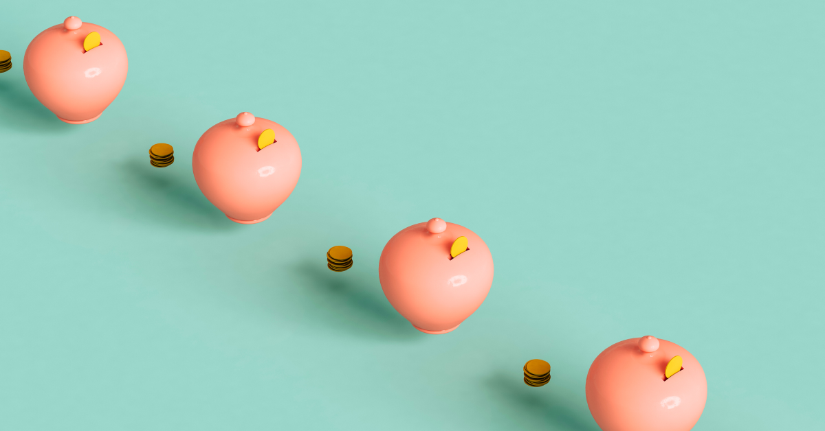 A line of piggy banks with coins in between on a blue background. 