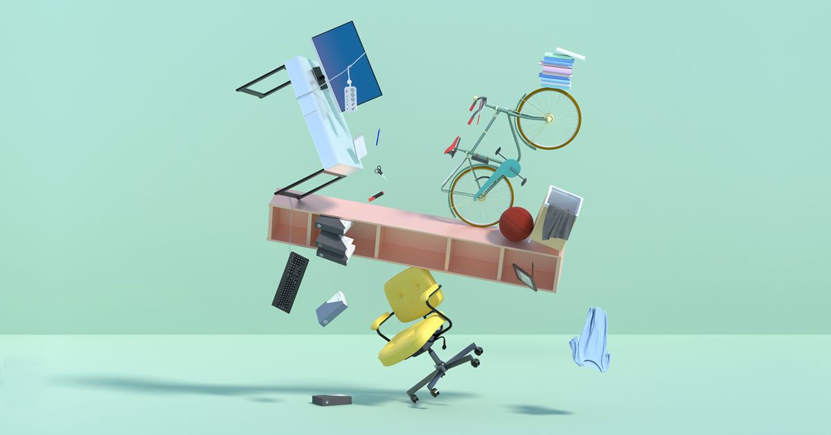 Illustration of cascading desk and home equipment representing tasks to delegate