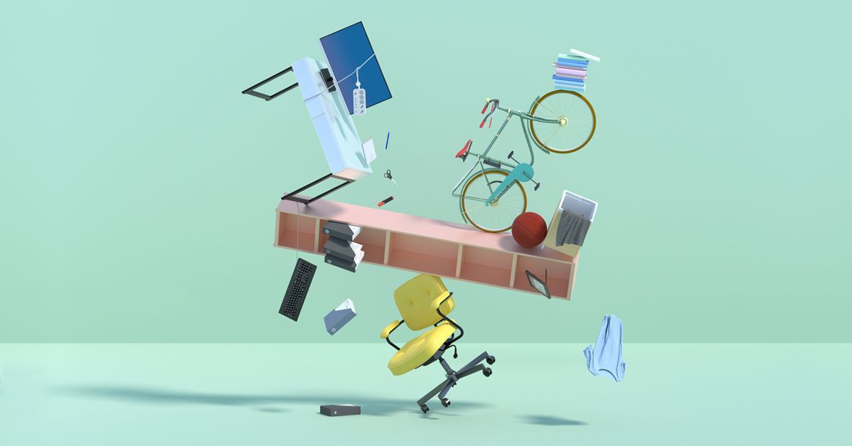 Illustration of cascading desk and home equipment representing tasks to delegate