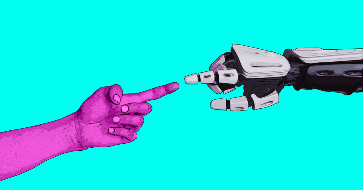 A purple human hand pointing towards a robotic hand against a blue background. 