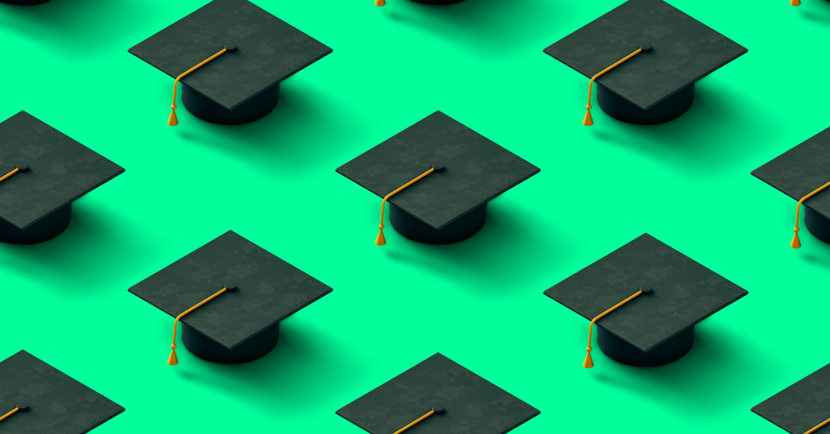 Image of multiple black graduation caps on a bright green background. 
