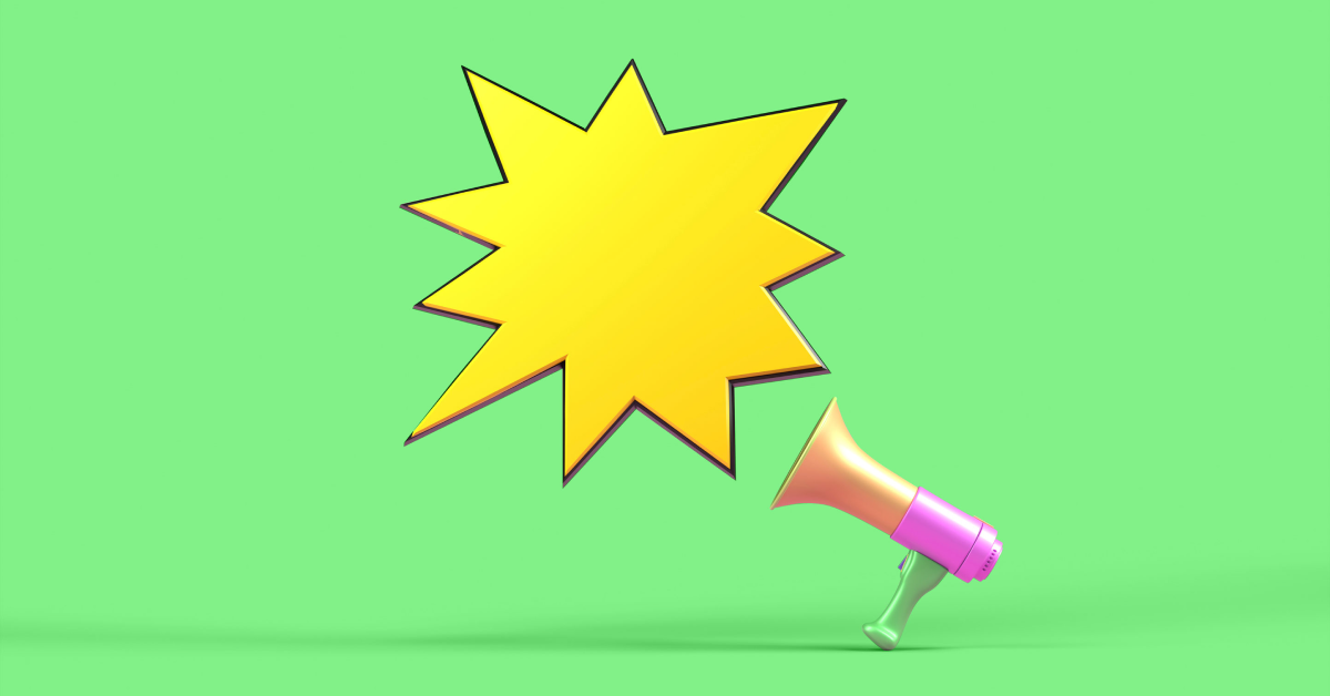 A multi-color microphone with a yellow speech bubble coming out of it on a green background. 