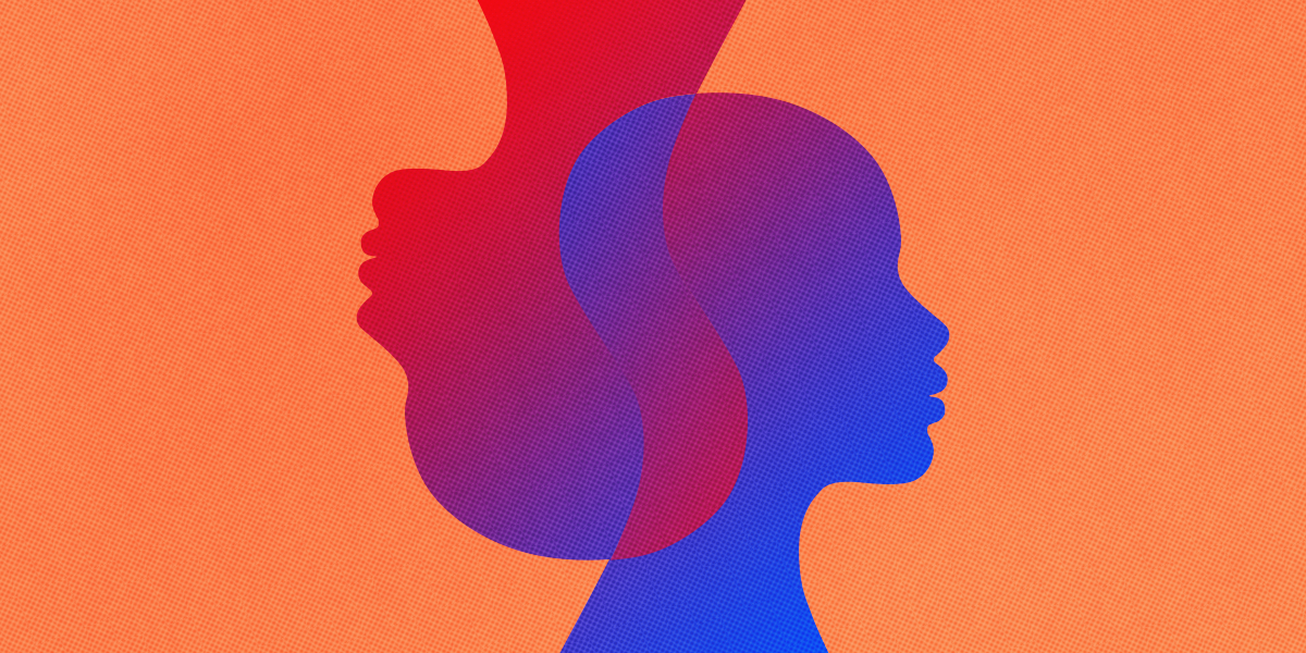 Abstract image of two heads overlapping, representing human-AI collaboration