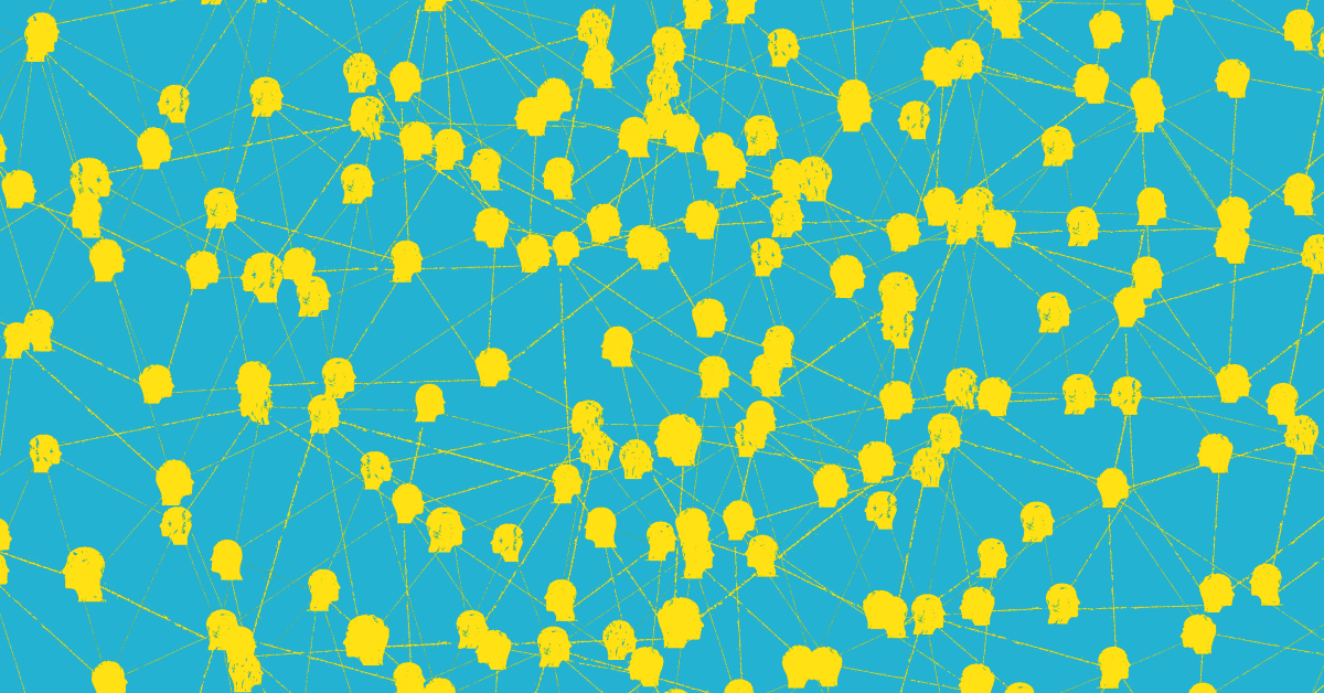 A turquoise blue background with small yellow heads connected together by faint yellow lines. 
