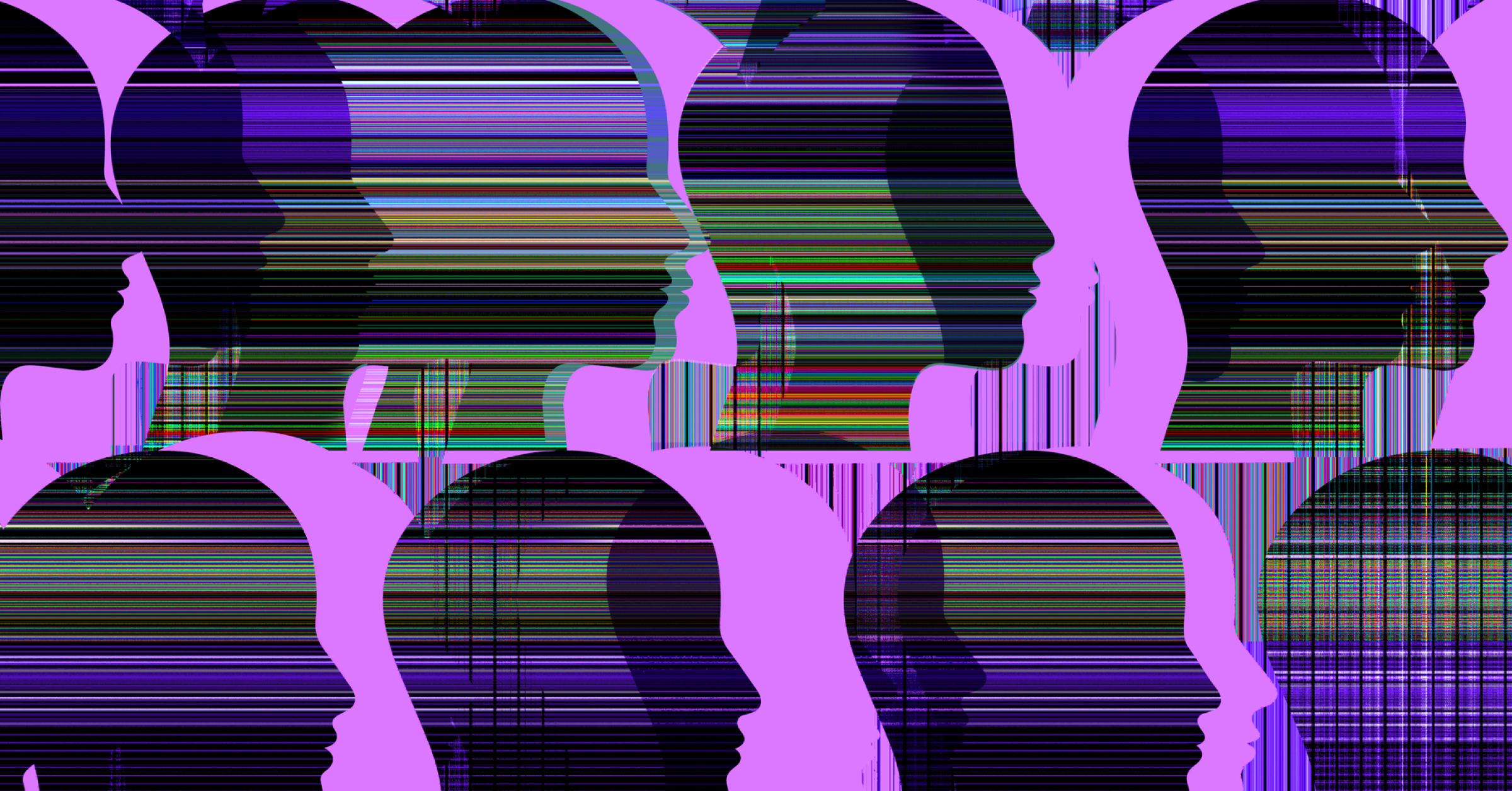 Overlapping glitching head illustration representing rapid change and burnout
