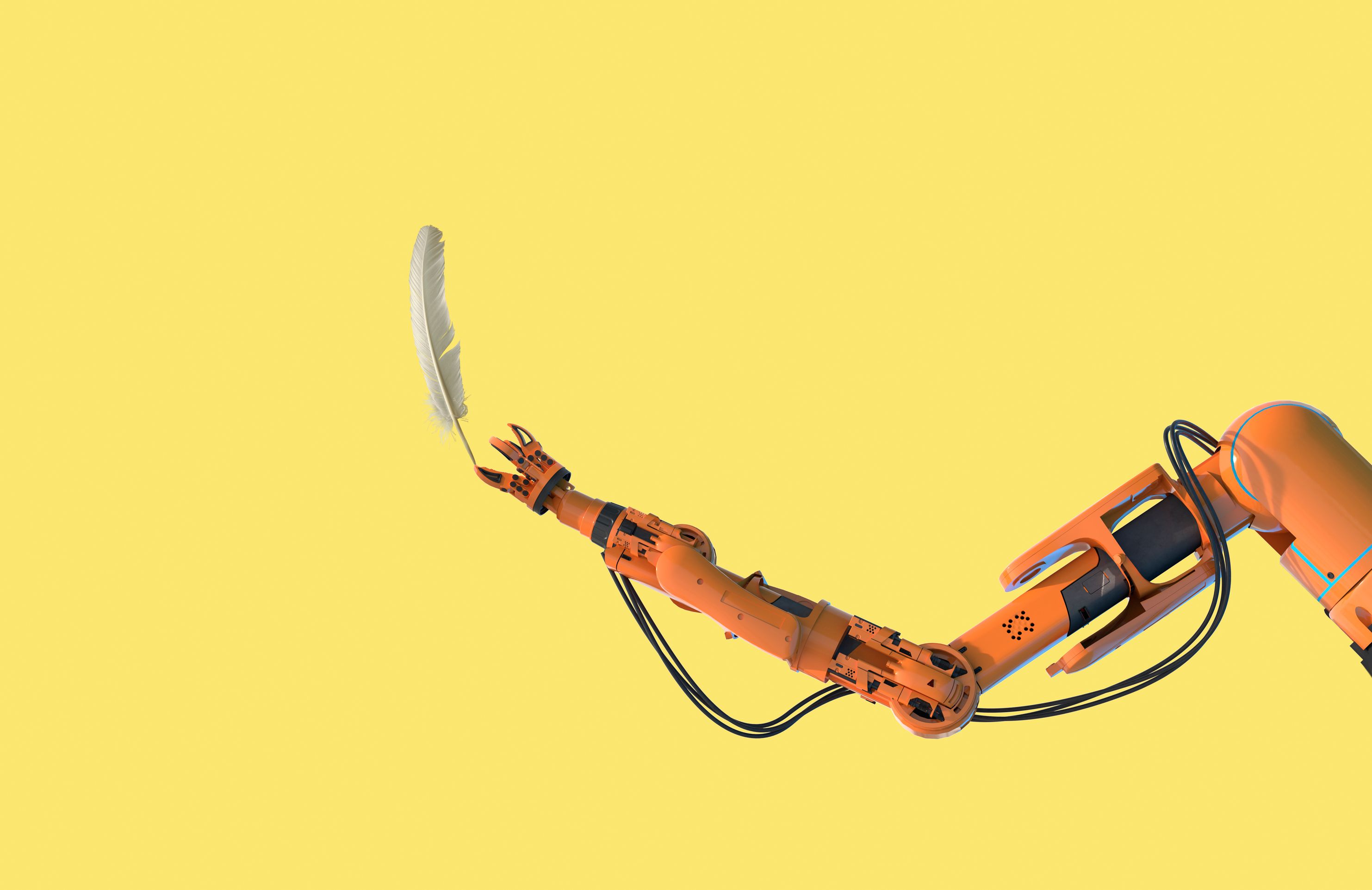 An orange robotic arm holding a feather on a yellow background. 