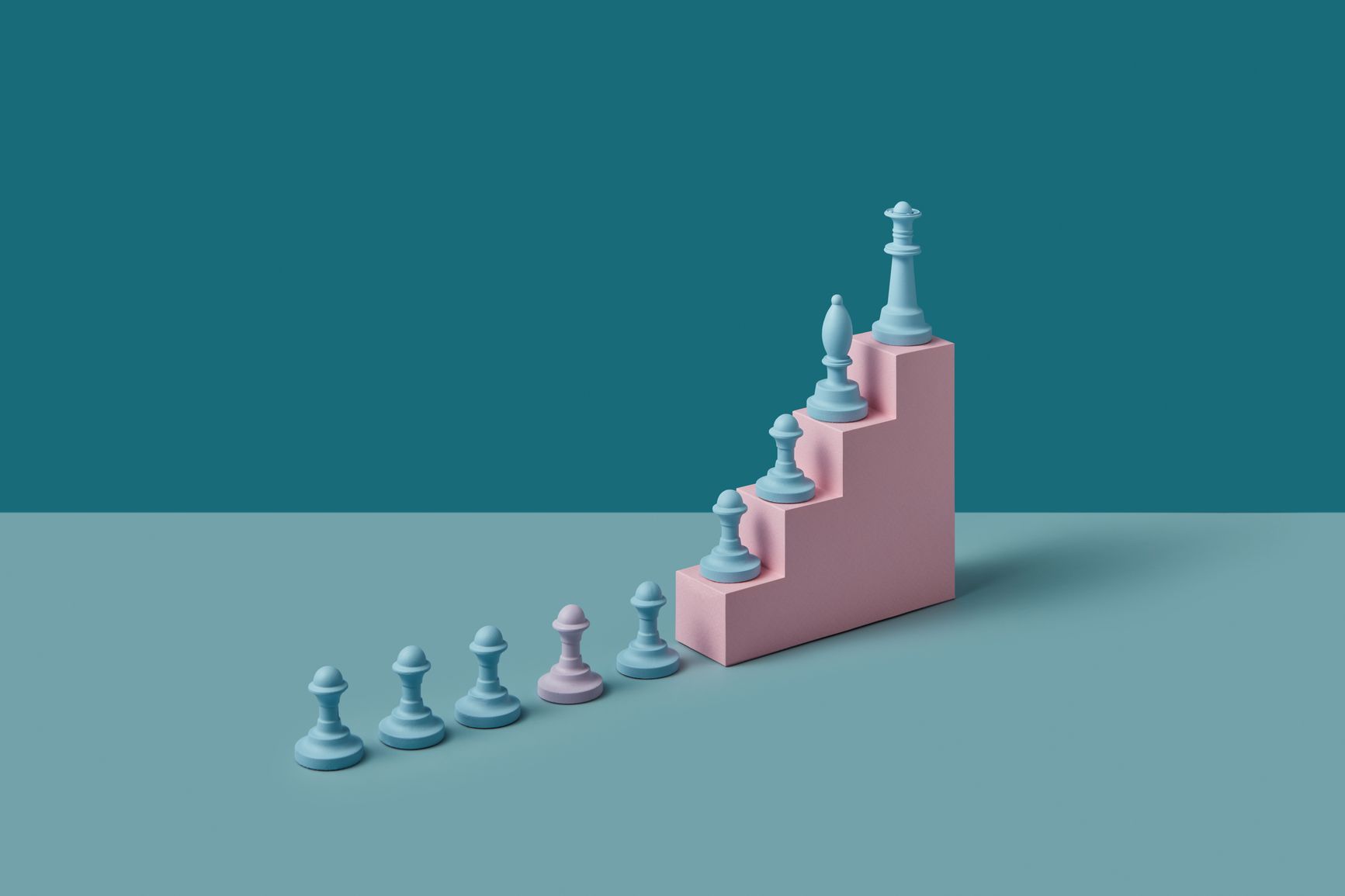 A pink stair case with blue chess figures going up. 