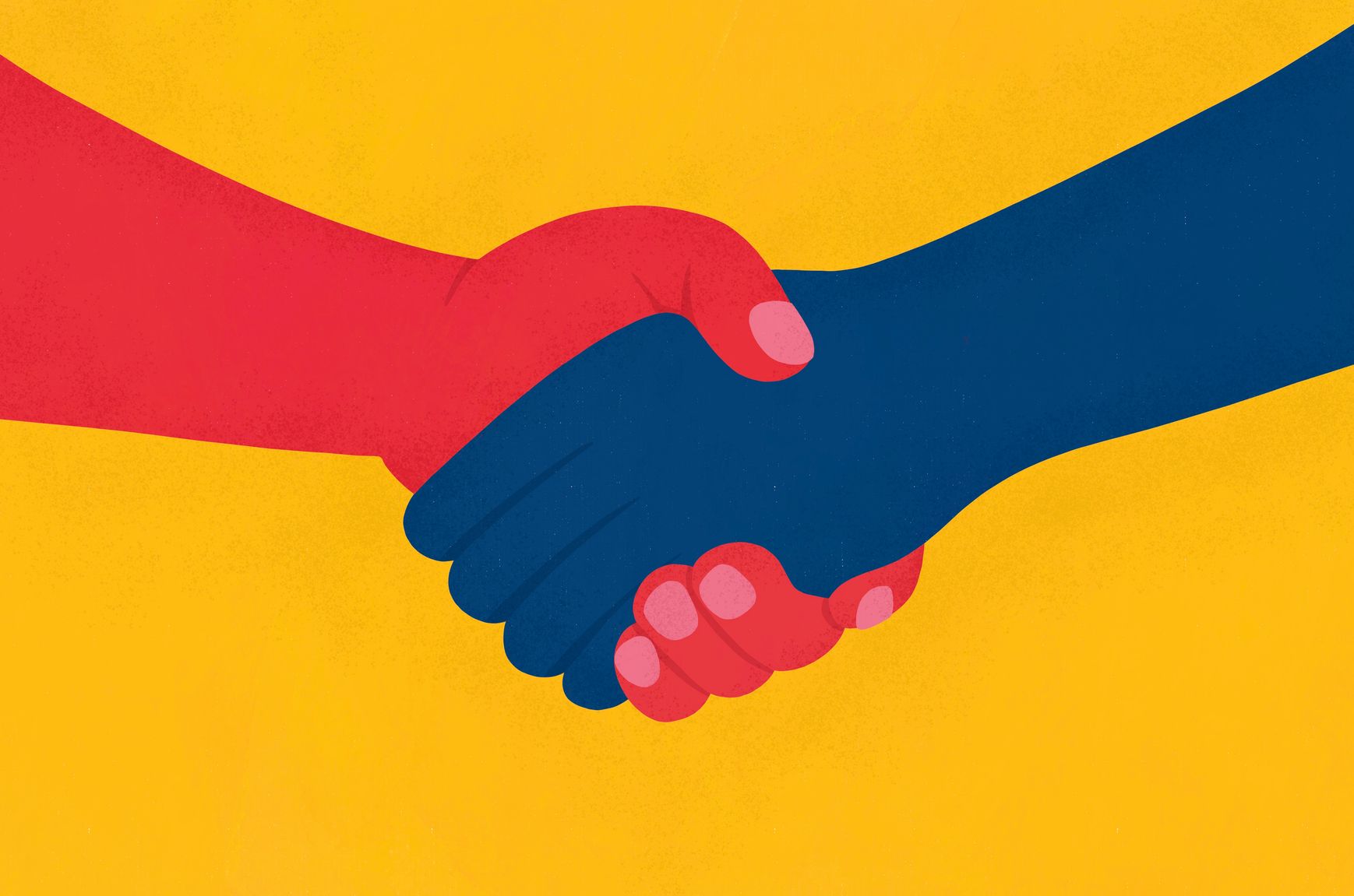 A red hand and a blue hand shaking against a yellow background. 