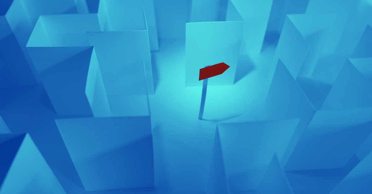 A blue maze with a red arrow pointing to the way out. 