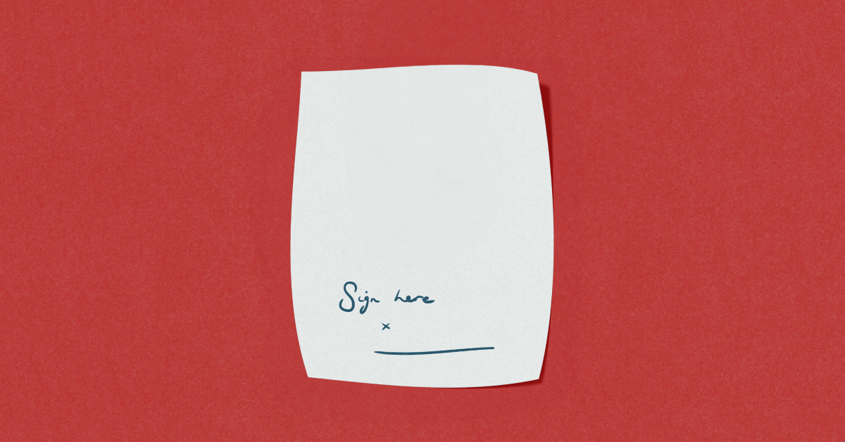 White document with a line that says sign here on a red background. 