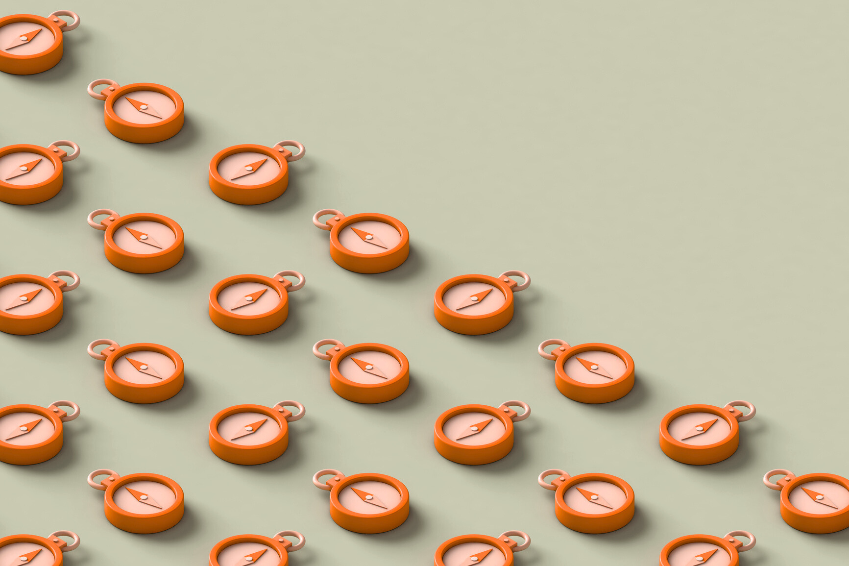Various compasses pointing in different directions, signaling alignment