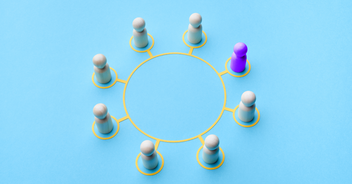  A circle of seven white chess figures and one purple one with yellow lines that connect them on a sky blue background. 
