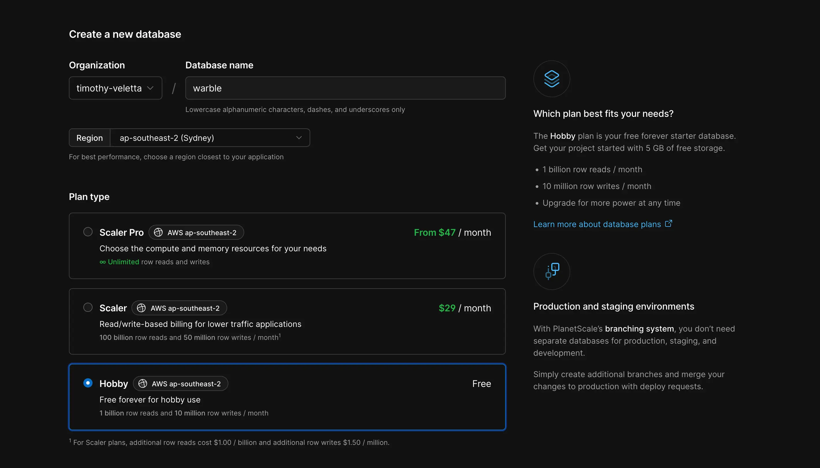 The Planetscale create database screen.