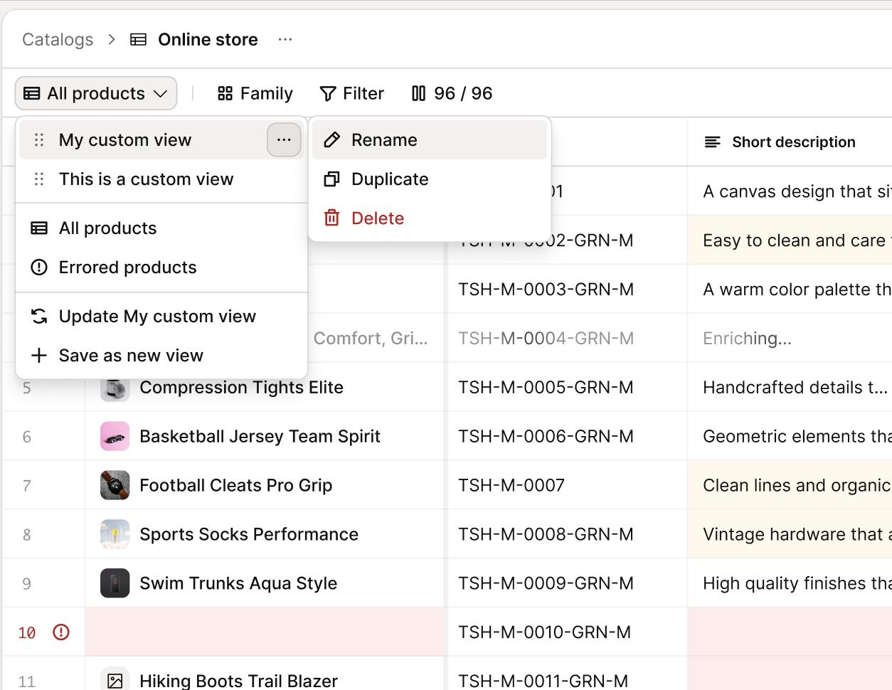 The grid with the view switcher open: saved custom views, all products, errored products, and the rename, duplicate and delete actions on one of them.
