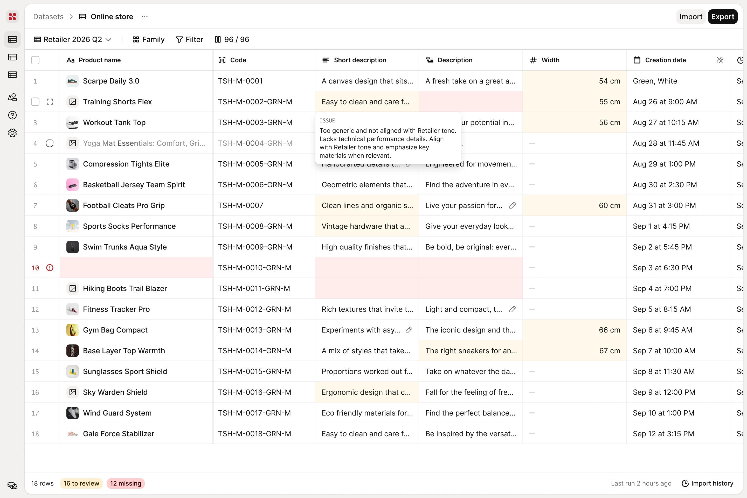 The catalog grid with a flagged short description and the issue read where the value is: too generic and not aligned with the retailer tone.