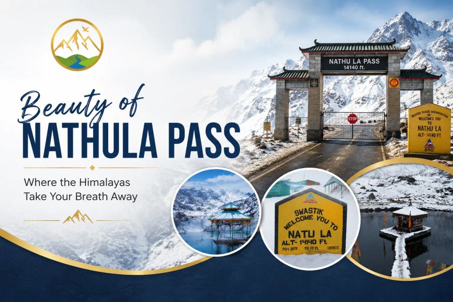 Beauty of Nathu La Pass with snow-covered Himalayan mountains in Sikkim